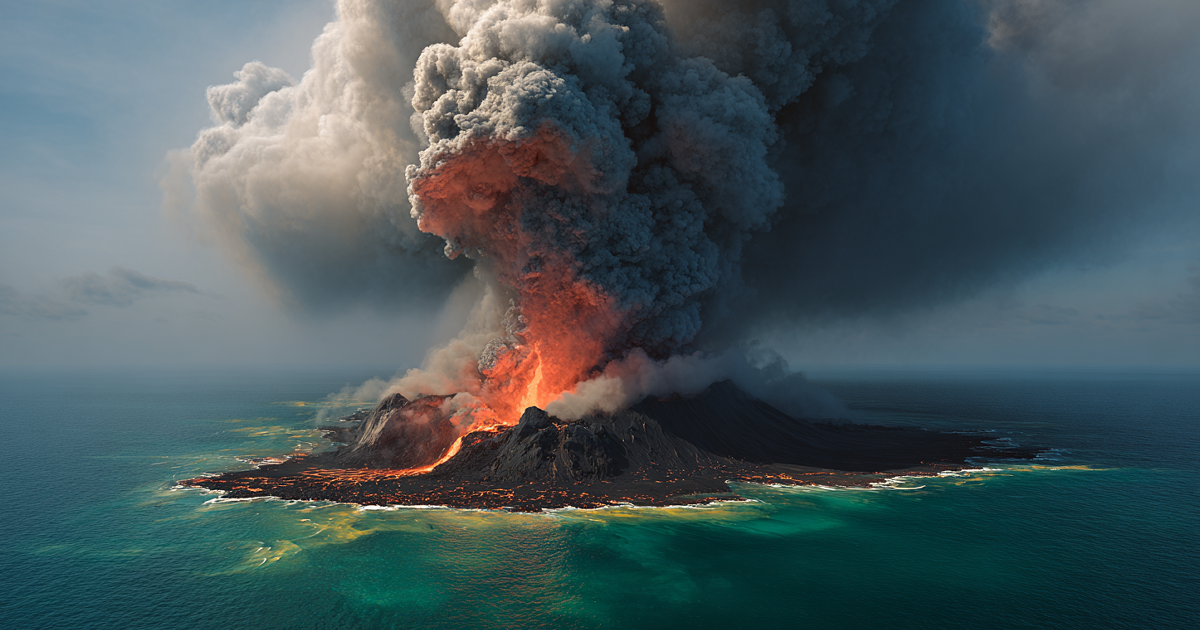 video_volcanic_island 海上で噴火する火山島のAI生成画像
