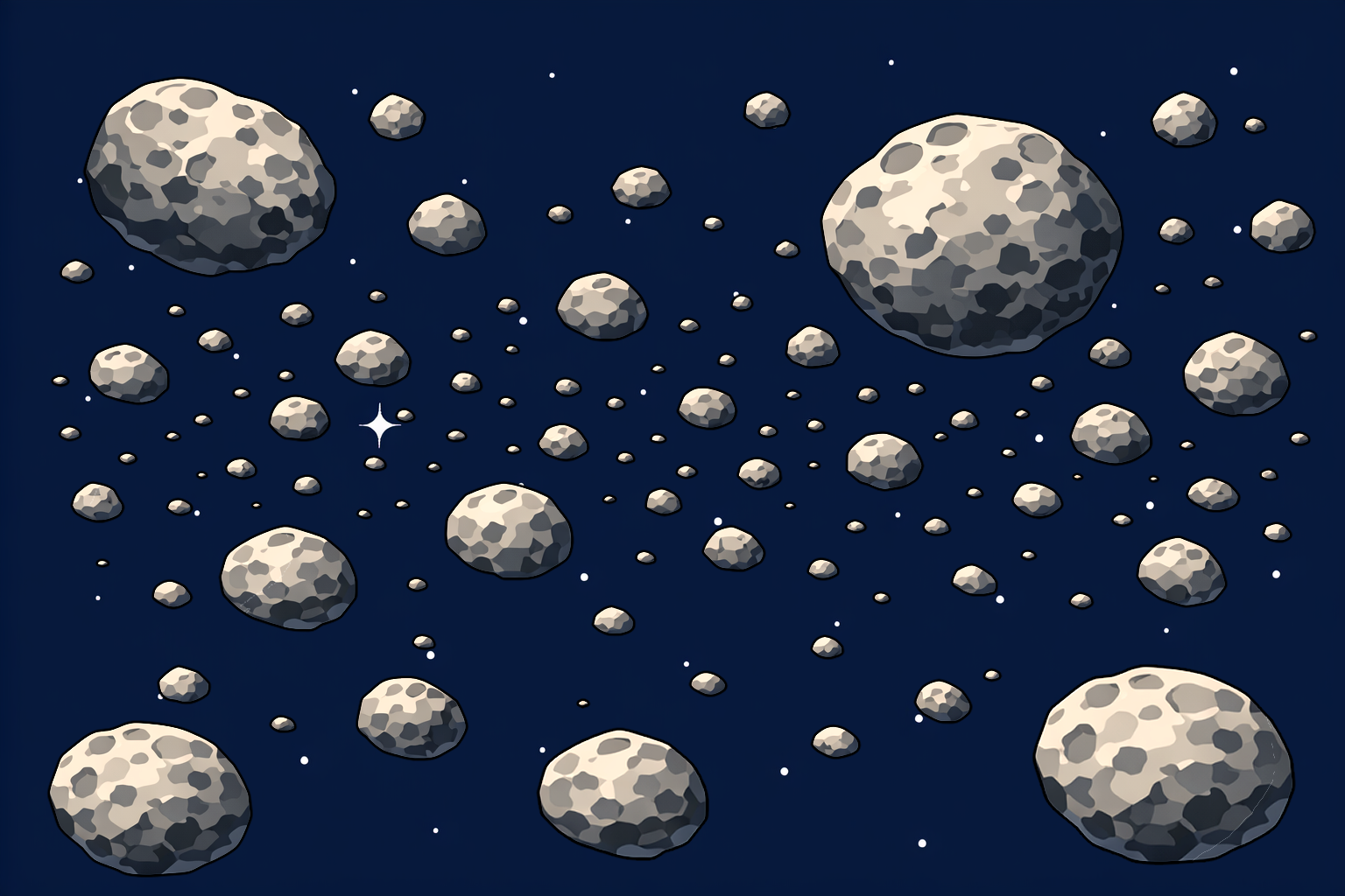 宇宙空間に無数の小惑星が帯状に広がる小惑星帯のイラスト。大小さまざまな岩石が浮かび、グレー系のフラットな配色とシンプルなアニメ調表現が特徴のSF・宇宙系フリー素材。