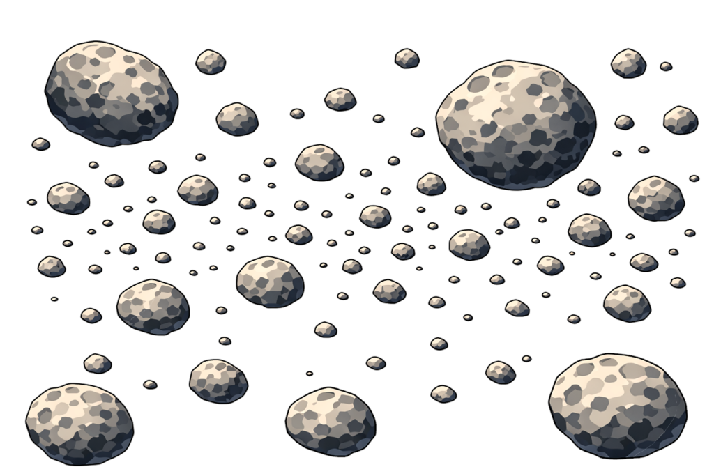透過背景で使える小惑星帯のイラスト。大小さまざまな小惑星が空間に広がり、グレー系の岩石と簡略化されたクレーター表現が特徴。宇宙・SFデザインや教材、映像素材に使いやすいアニメ調の小惑星帯フリー素材。