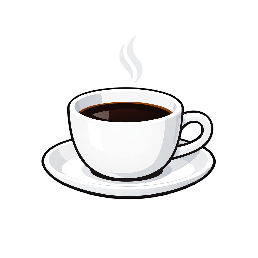白い陶器製コーヒーカップとソーサーのシンプルなイラスト。黒い太めのアウトラインで描かれ、中にはコーヒーが入り湯気が立つ、白背景のアニメ調フリー素材です。