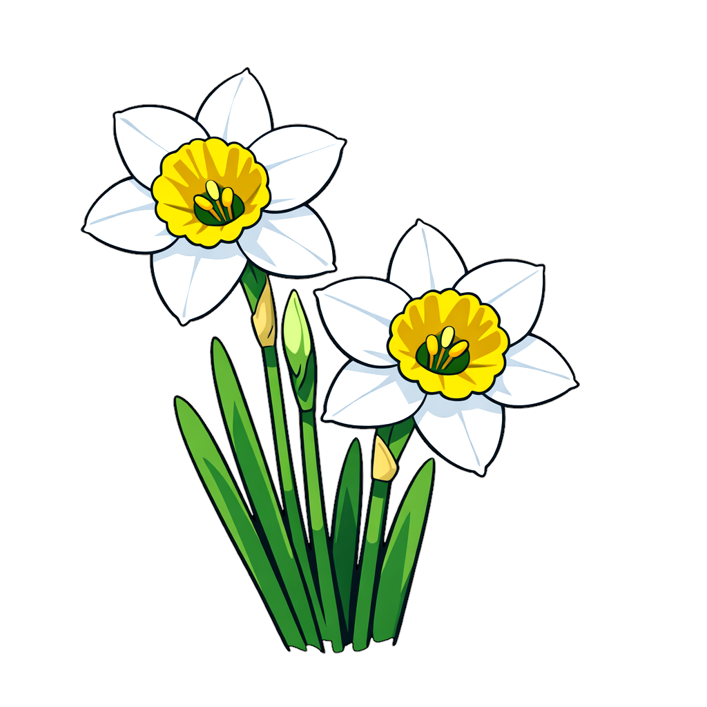 白い花弁と鮮やかな黄色の副花冠が特徴のラッパスイセンが2輪咲く、細長い緑の葉を持つ春の花のスイセンイラスト（白背景・フリー素材向け）