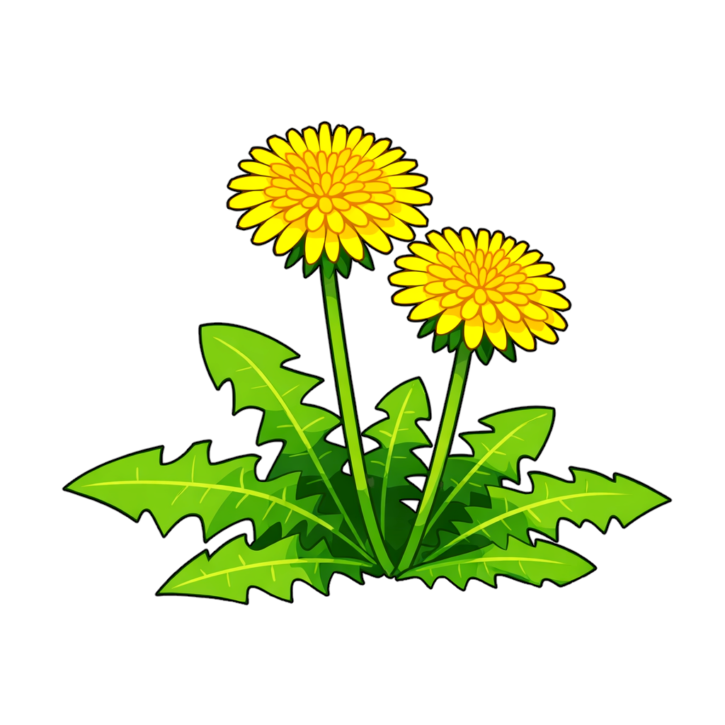 タンポポの植物イラスト。白背景に2輪の黄色い花と鋸歯状の緑の葉をシンプルかつフラットに描いた、教材や資料にも使いやすいフリー素材。