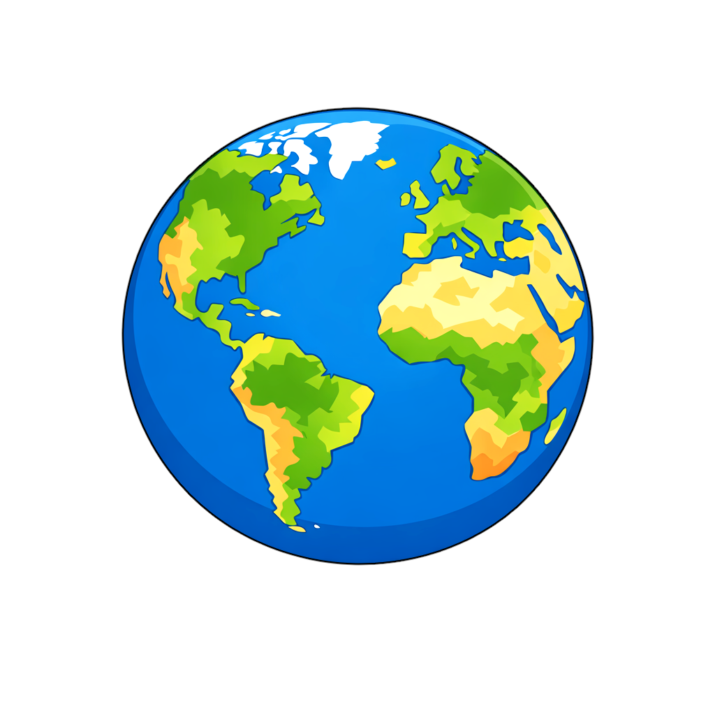 シンプルで分かりやすい地球のイラスト。海は鮮やかなブルー、大陸は緑・黄色・オレンジのパッチ配色、国境線なしのデフォルメ表現、白背景