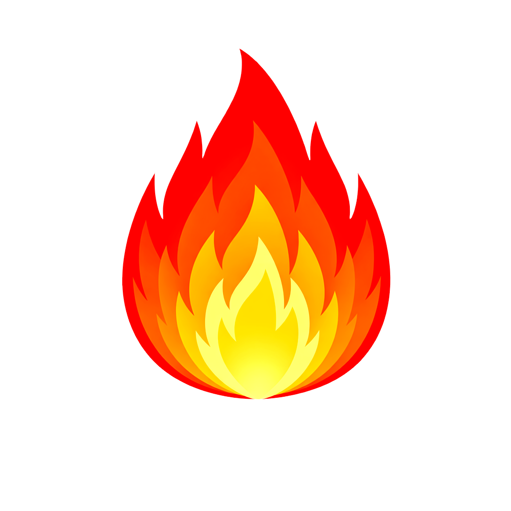 赤・オレンジ・黄色のグラデーションで表現された、しずく型のシンプルな炎のイラスト。視認性が高くアイコン向けデザイン。
