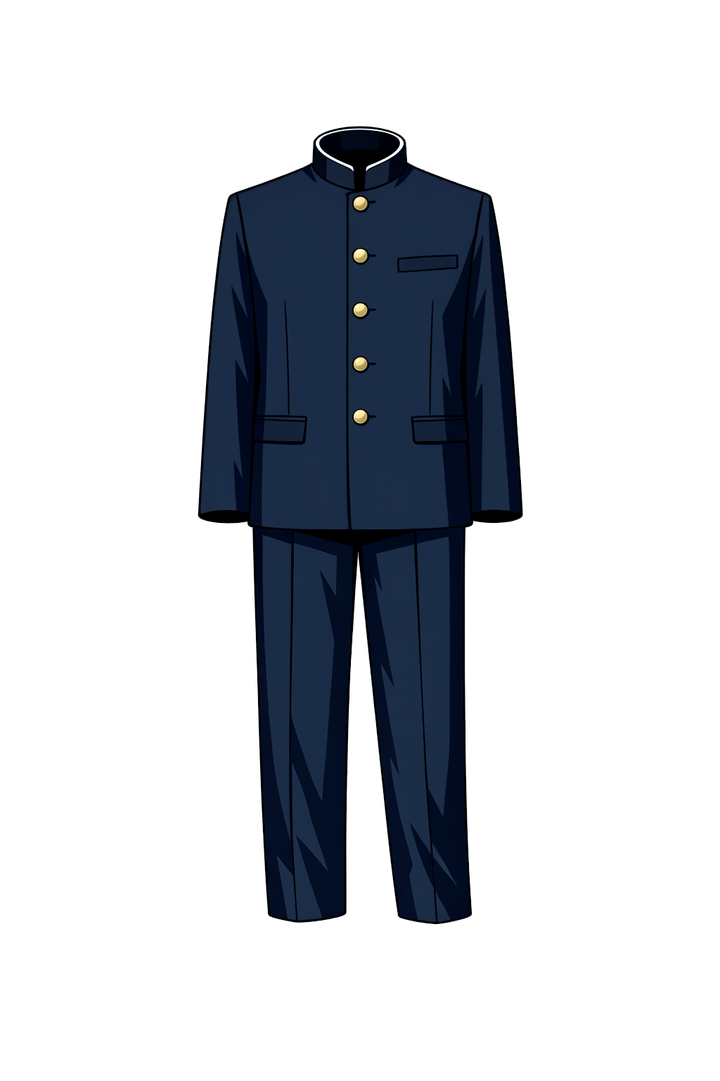 濃紺の詰襟学生服（学ラン）の全身イラスト。金色ボタンと立ち襟、胸・腰ポケットを備えた日本の伝統的な男子学生制服デザイン。背景透過PNG・シンプルでフリー素材向け。