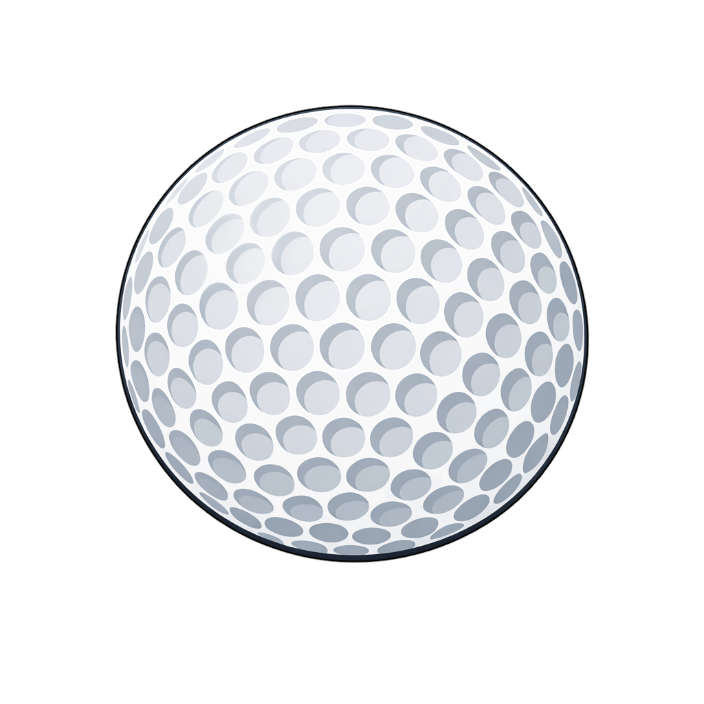 白背景にシンプルなゴルフボールを正面から描いたイラスト。均等なディンプルと淡いグレーの陰影で立体感を表現した、資料やWebデザインに使いやすいフリー素材用ゴルフボール画像。