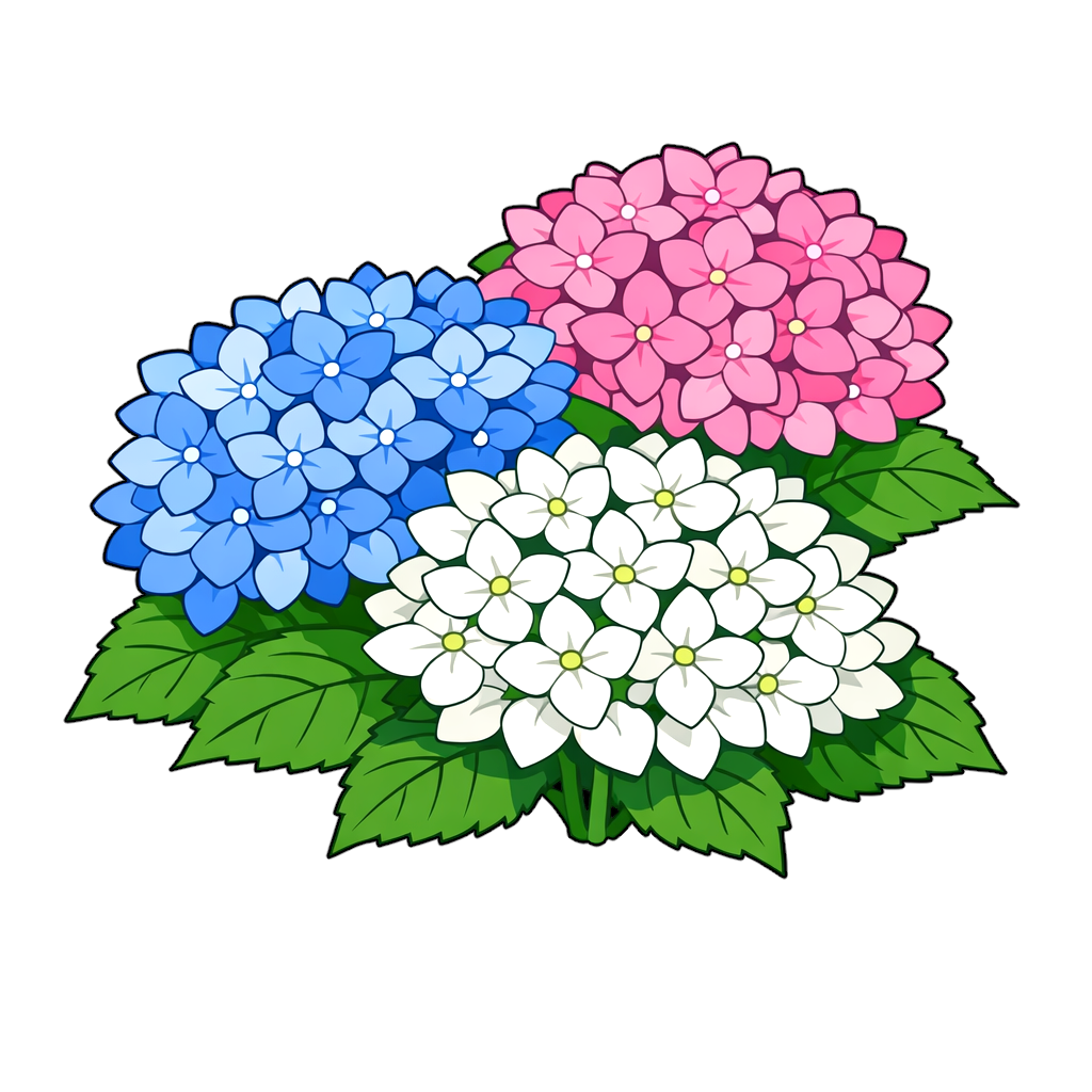 青・ピンク・白の3色の花房が並んだアジサイのイラスト。フラットでアニメ調のデフォルメ表現とクリーンなアウトラインが特徴で、白背景のフリー素材向け植物イラスト。