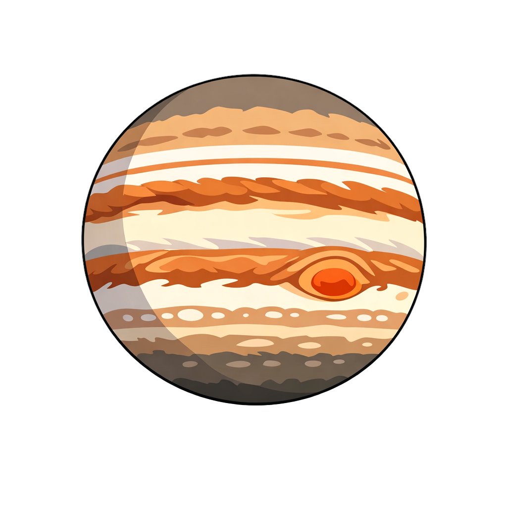 木星のイラスト。木星特有の横縞模様を茶色・ベージュ・オレンジ・クリーム色の落ち着いた配色で表現し、右寄りに大赤斑を分かりやすく配置したシンプルな惑星デザイン。