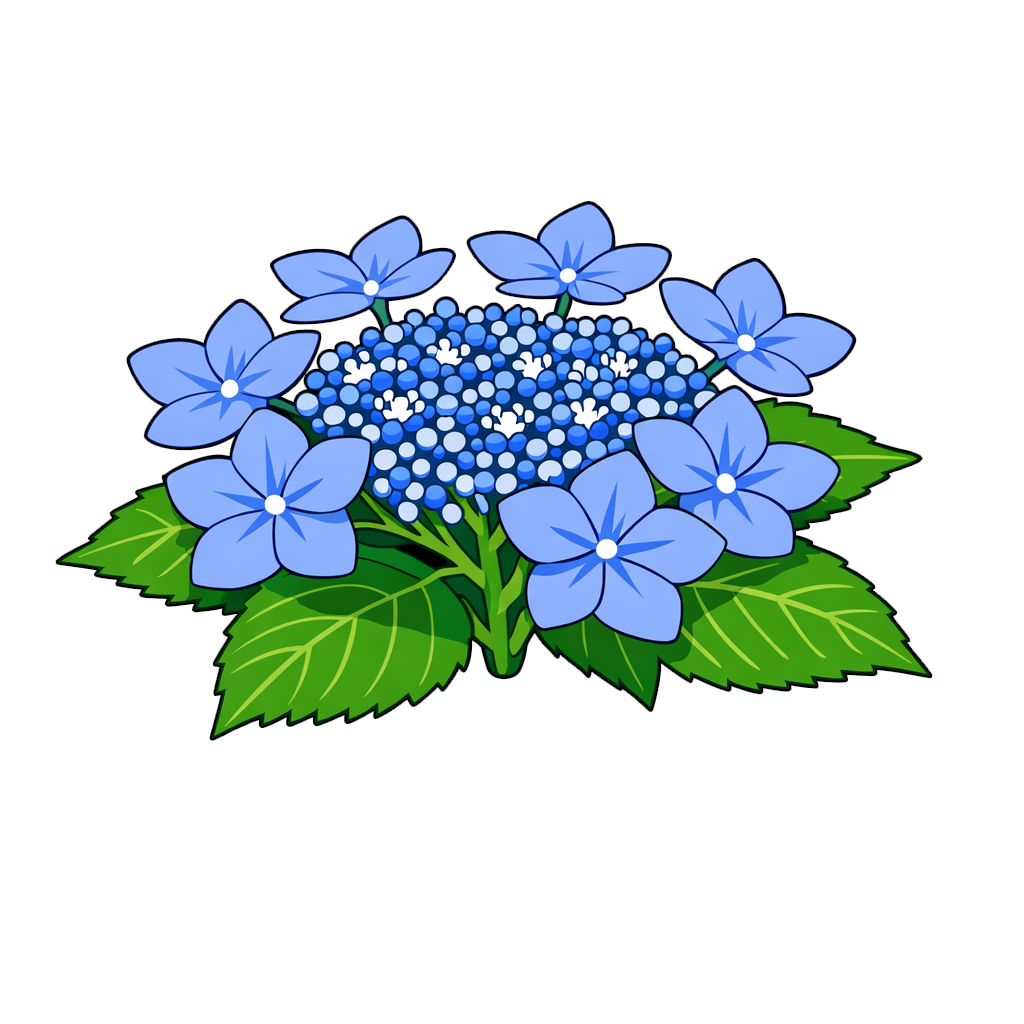 青い花が特徴的なガクアジサイをシンプルなアニメ調で描いた植物イラスト。中央に小花が密集し、周囲を大きな装飾花と緑の葉が囲む、白背景のフリー素材向けデザイン。
