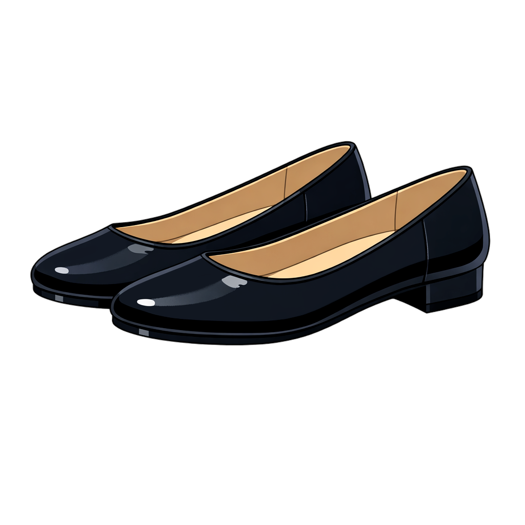 黒いローヒールパンプスをアニメ調で描いたイラスト。丸いつま先と太めのヒール、光沢のある質感とベージュの内側が特徴。