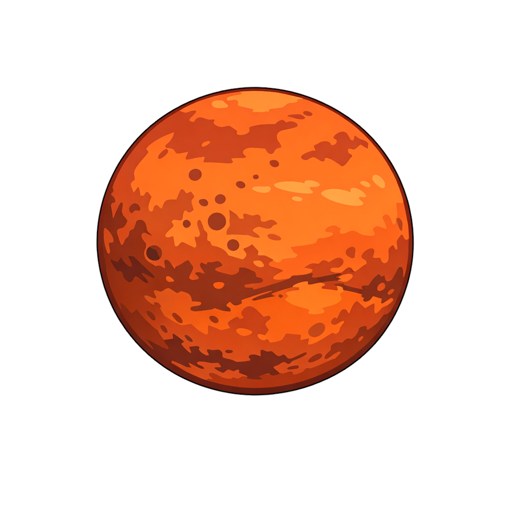 火星のイラスト｜オレンジから赤茶色を基調に、有機的な模様と簡略化されたクレーターを描いた惑星デザイン