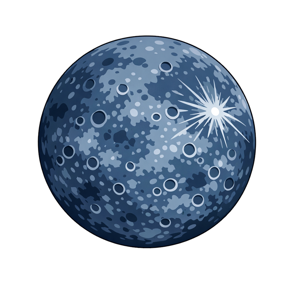 濃いネイビーからブルーグレー系の寒色で描かれた水星のイラスト。大小不規則なクレーターが全体に広がり、岩石質の地表を低彩度で表現した惑星素材。