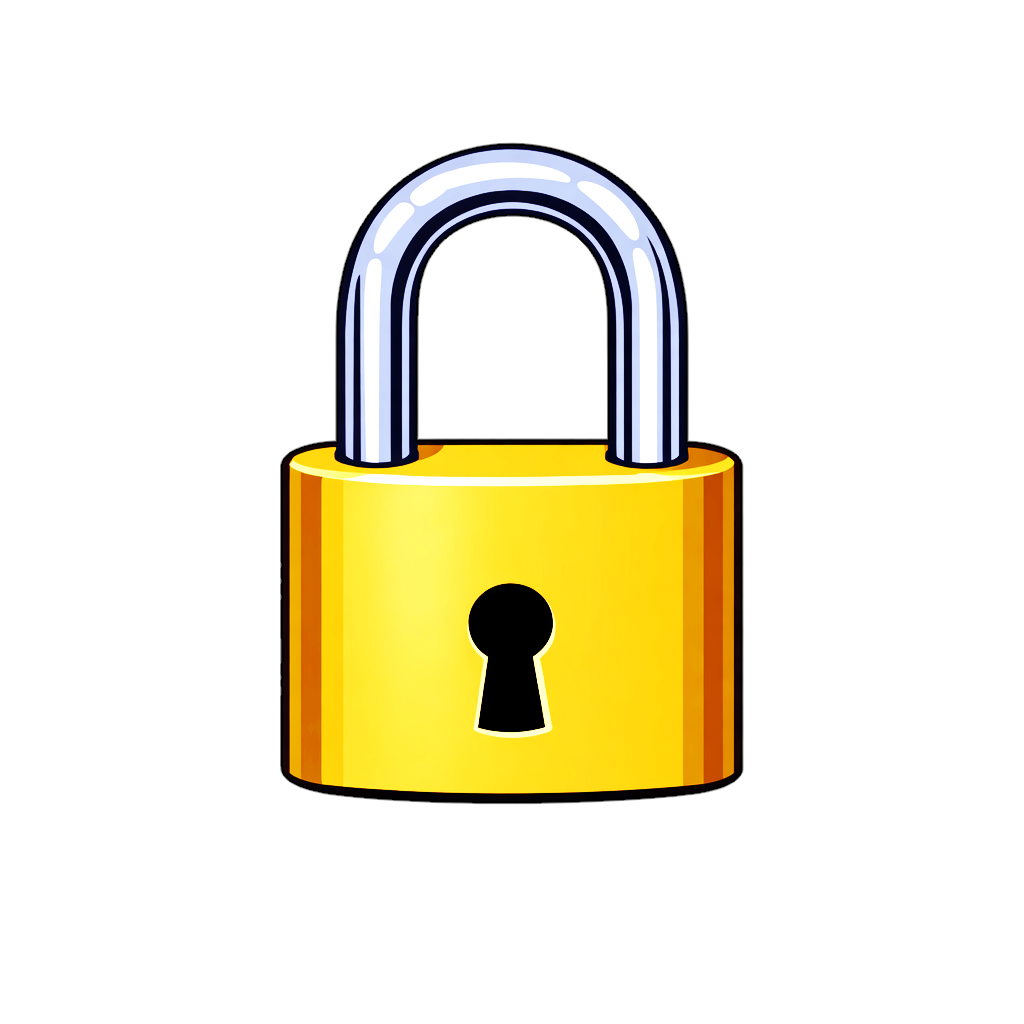明るいゴールド色の南京錠のシンプルなイラスト。角丸の長方形デザインにU字型のシルバーシャックルと黒い鍵穴を備えたロックアイコン素材