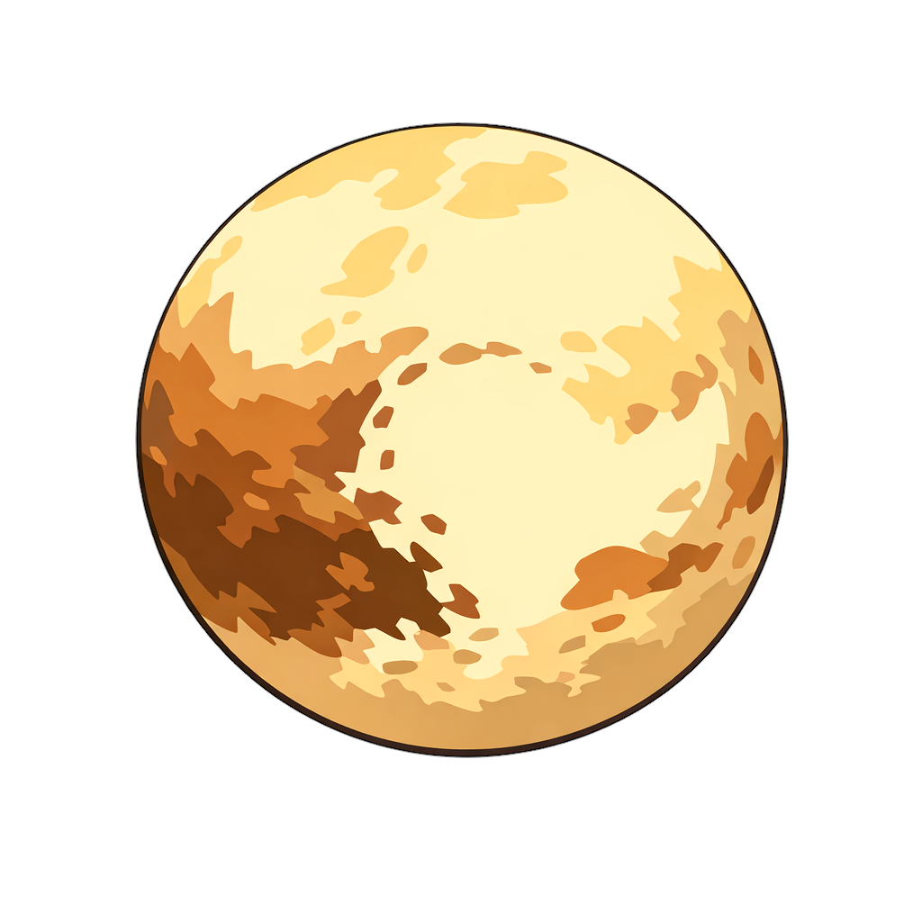 フラットでシンプルな冥王星のイラスト。淡いクリーム色をベースに茶色のまだら模様が入った正面円形デザイン、太めの黒アウトラインと白背景が特徴の天体フリー素材