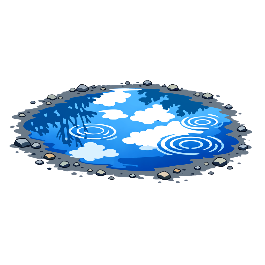 真上から見た青い水たまりのフラットイラスト。水面には白い雲の映り込みと雨粒による波紋が描かれ、周囲を灰色の地面と小石が囲むシンプルな背景透過PNG フリーイラスト素材。