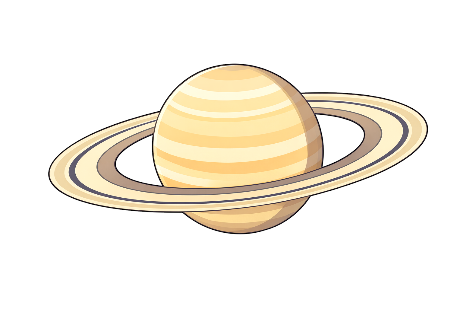 淡い黄色〜ベージュ系で塗られた土星本体に横方向の縞模様がある星のイラスト、輪のある惑星をシンプルに描いたフリー素材