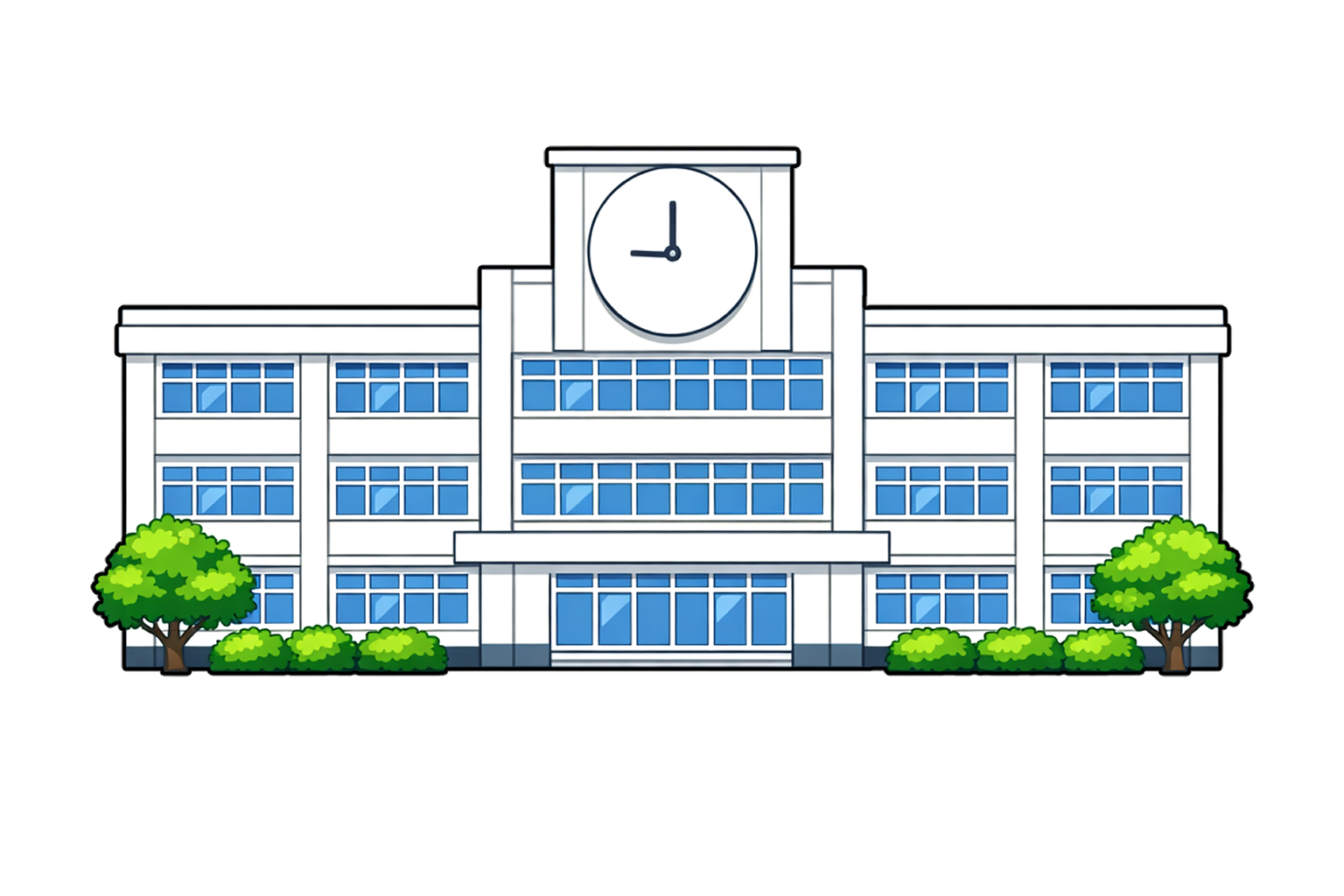 大きな時計のある日本の学校校舎イラスト｜正面構図の左右対称な3階建て校舎と青い窓、白い外壁、木々のある学校風景