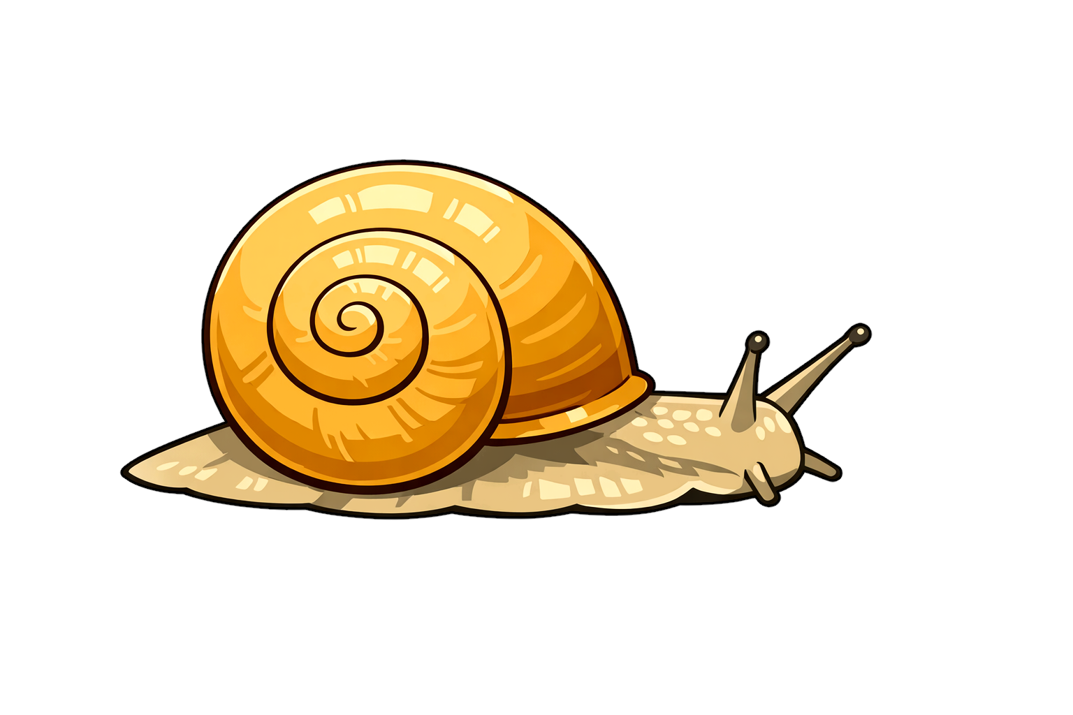 白背景に描かれた、オレンジ色の渦巻き殻とベージュ色の体が特徴のカタツムリのフリーイラスト。アニメ調で太めのアウトラインを使った、資料やWebに使いやすいシンプルで親しみやすいデザイン。
