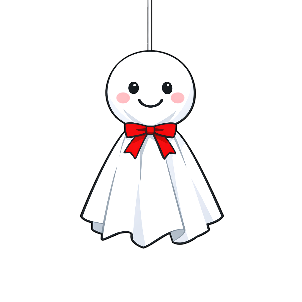 赤いリボンをつけたかわいいてるてる坊主のイラスト。白背景で丸い頭と大きな黒い目、シンプルな線画のアニメ調デザインを全身で描いたフリー素材。