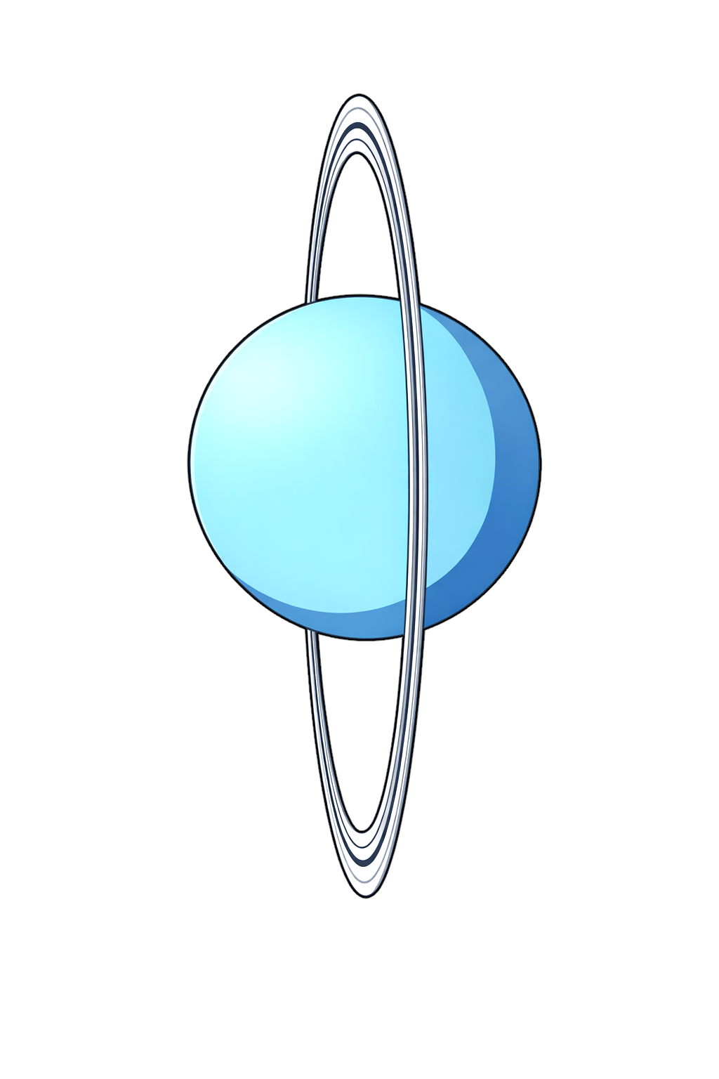 淡いブルーのグラデーションで描かれた天王星のイラスト。正面から見たシンプルな球体に、大きく傾いたリングを持つフラットでベクター風の惑星デザイン