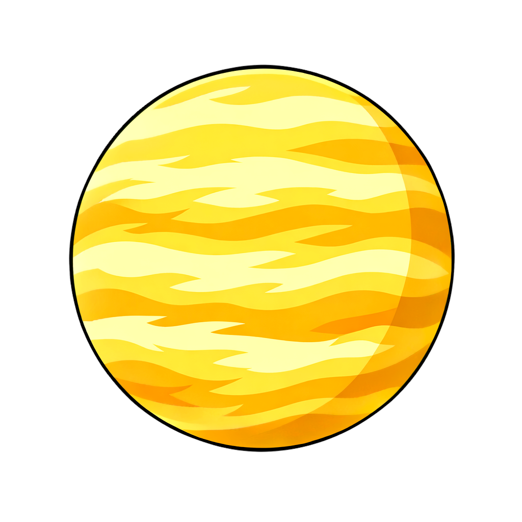 金星のイラスト。黄色からオレンジ色の暖色系グラデーションで描かれ、金星の厚い雲を表現した横方向に流れる波状の模様が重なったシンプルな惑星イラスト