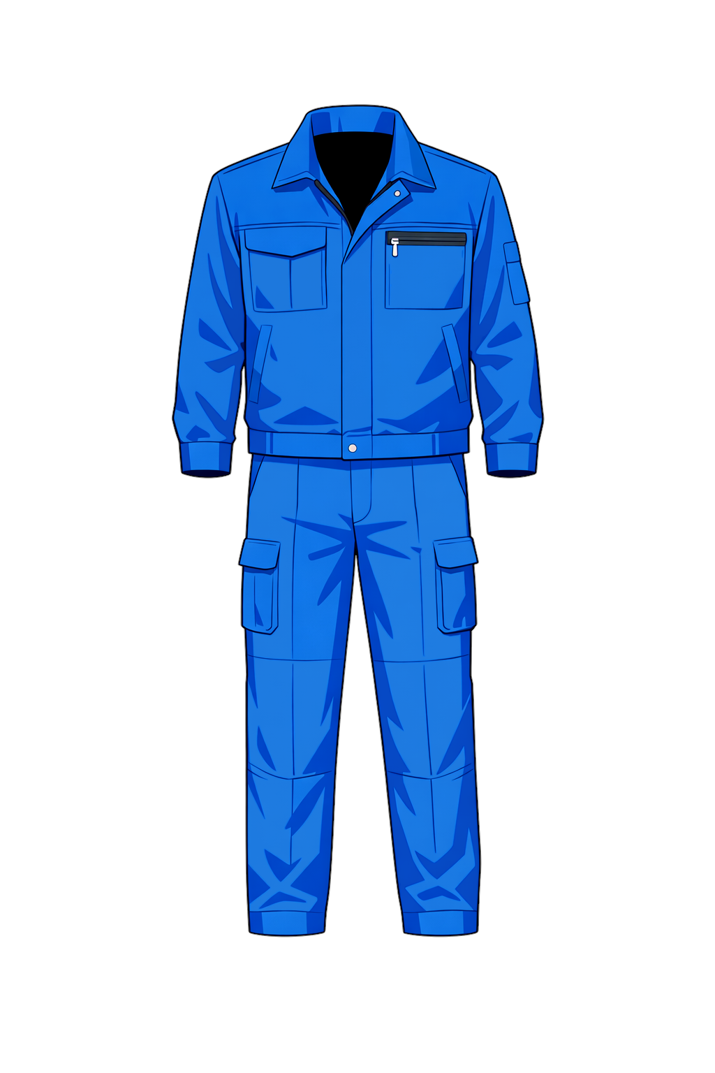 青い作業着のイラスト、上下セットの作業服を正面から描いたデザイン、襟付きジャケットと前ファスナー、胸ポケットとファスナー付きポケット、袖ポケット付き、カーゴパンツ仕様の作業ズボン