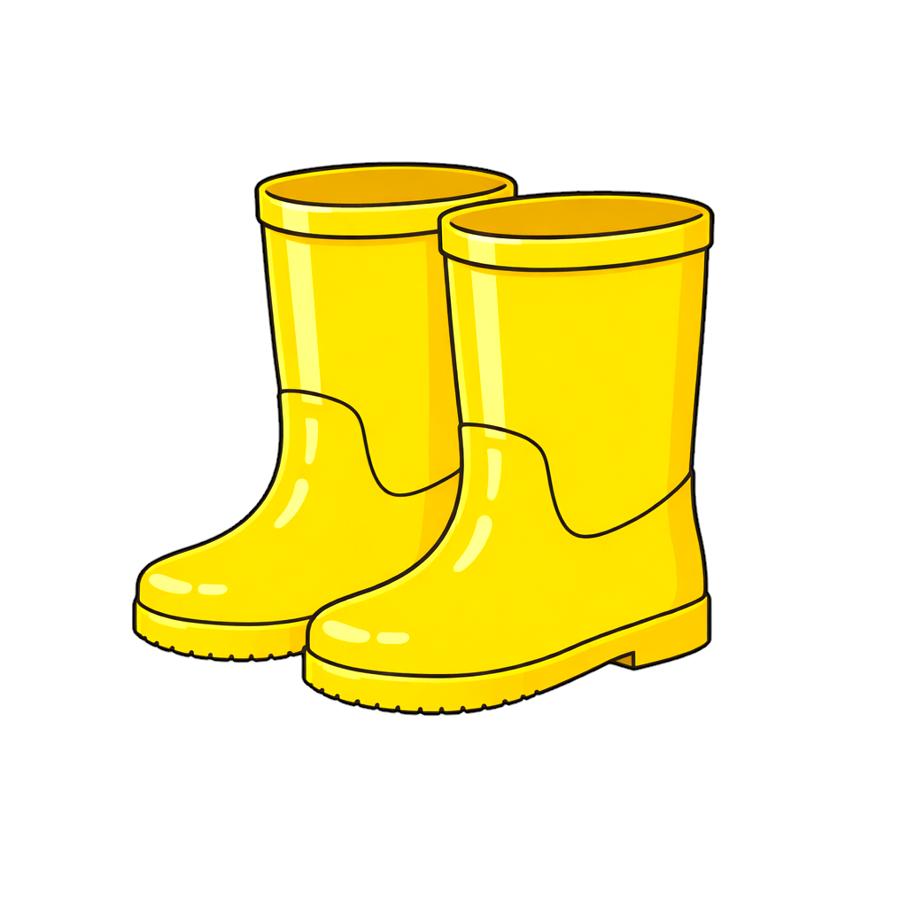 学童用の黄色い長靴を左右一対で描いたシンプルなイラスト素材。ゴム素材のつるっとした質感が特徴のレインブーツ